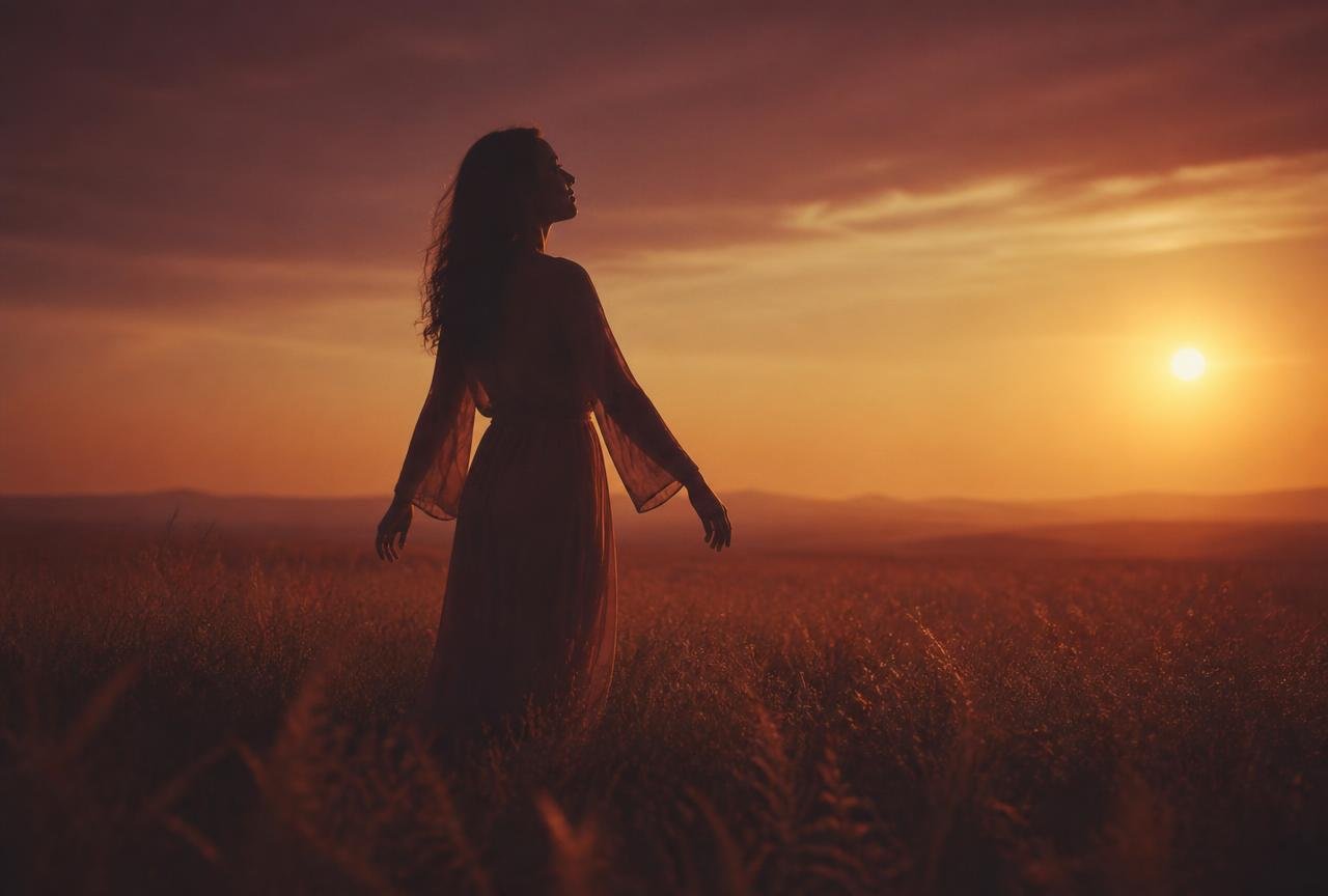 Silhueta de mulher em campo ao pôr do sol