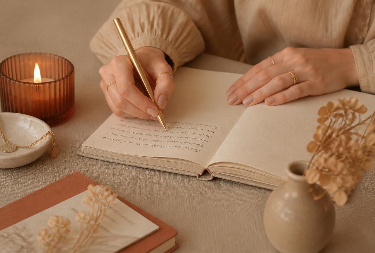 Mãos escrevendo em um caderno, com vela e flores secas ao lado
